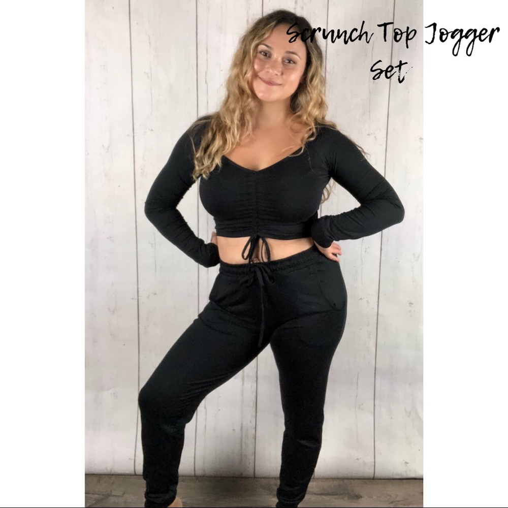 Scrunch Top Jogger Set - Black